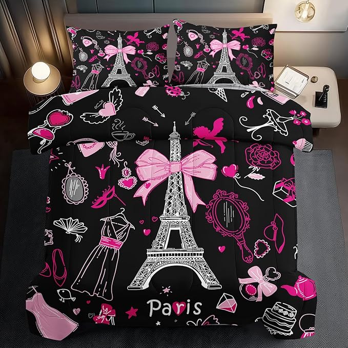 Eiffel Tower Comforter Set Full Size,Eiffel Tower Bedding Set for Girls, Pink and Black Paris Themed Comforter Bedroom Decor,Paris Quilt French Style Romantic Bedding-Ruum Studio Home