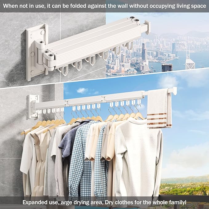Wall Mounted Clothes Drying Rack, Retractable Laundry Rack for Hanging Clothes, Collapsible, Foldable, White-Rings-Ruum Studio Home