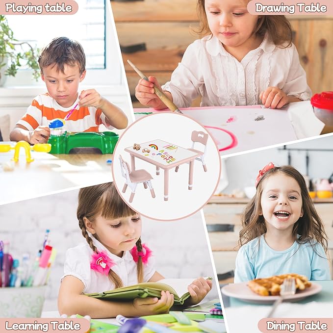 Toddler Table and Chair Set, Height Adjustable-Upgrade Kids Table and 2 Chairs for Ages 3-8, Multi-Activity Toddler Play Table with Graffiti Desktop for Home/Daycare/Classroom-Ruum Studio Home