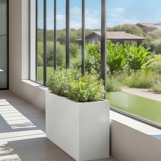 Galvanized Steel Metallic Heavy Planter for Outdoor Plants Metal Outdoor Planter Spliced Flower Box with Partitions for Outside,Indoor,Garden (White, 30 * 12 * 24)-Ruum Studio Home