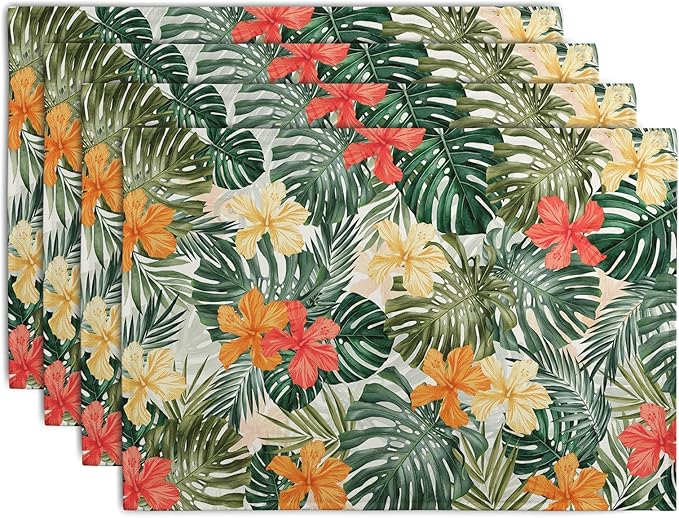 Tropical Palm Leaves Table Mats Set of 4 Summer Watercolor Hibiscus Flower Leaf Placement Mats for Dining Table Washable Non-Slip Heat Resistant Linen Place Mat 12×18 Inch-Ruum Studio Home