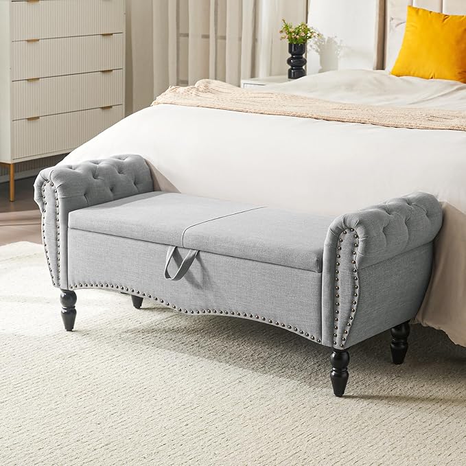 Furniliving 51.75" Storage Ottoman Bench for Living Room, Modern Bedroom Bench with Rolled Arm Upholstered End of Bed Bench Shoe Storage Bench Indoor Bench with Wood Legs Entryway Bench,Grey, Linen-Ruum Studio Home