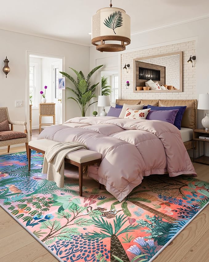 LIVEBOX Washable 6x9 Rug for Living Room, Soft Jungle Animal Print Rugs for Bedroom Aesthetic, Non Slip Purple Boho Rug Botanical Kids Rugs for Bedroom Girls,Stain Resistant Kid Rug for Playroom-Ruum Studio Home
