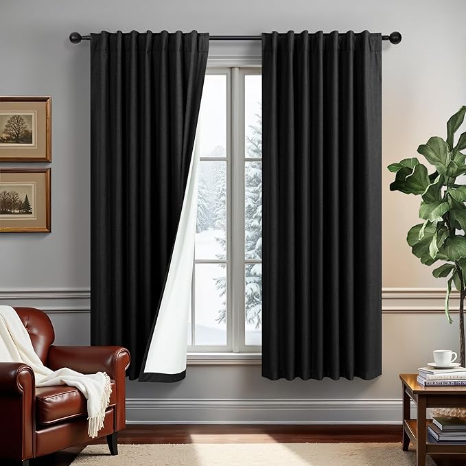 DANCURTON Black Blackout Curtains 63 Inch Length for Bedroom 2 Panels Set Back Tab Living Room Darkening Dark Out Heavy Thick Linen Farmhouse Insulated Thermal Curtain for Winter Summer 63 Inches Long-Ruum Studio Home