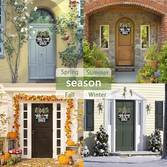 Interchangeable Wooden Seasonal Welcome Sign, Rustic Round Dogs Sign Front Door Wreaths for Home/Wall/Porch Decor, for Easter Spring Summer Fall Halloween Christmas All Season Decorations-Ruum Studio Home