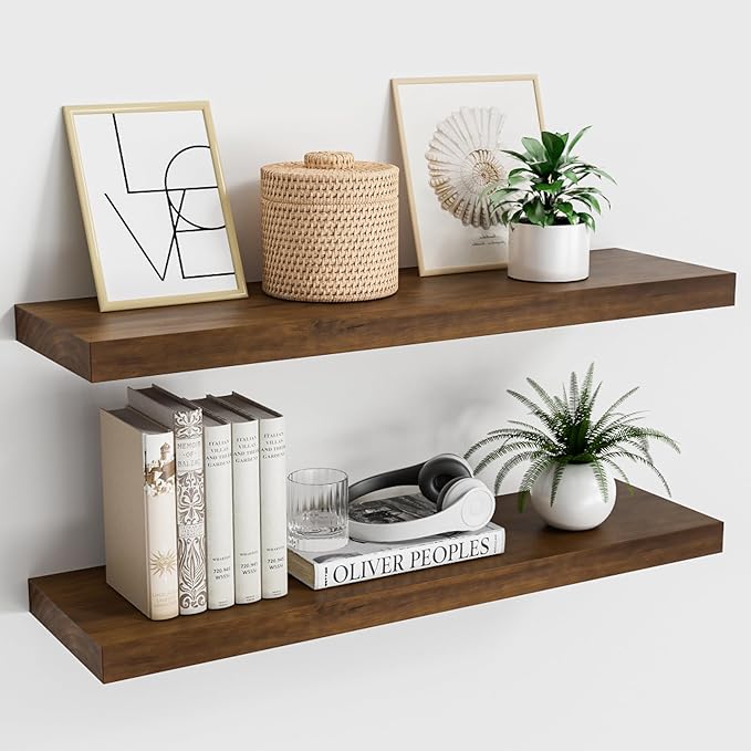 Wood Floating Shelves for Wall 24” x 8”x 1.4” Shelf Floating Rustic Farmhouse Decor, Heavy Duty Shelf Hold 60 lbs, Wall Shelves for Bathroom Living Room Kitchen Bedroom Office, 2 Packs Walnut-Ruum Studio Home