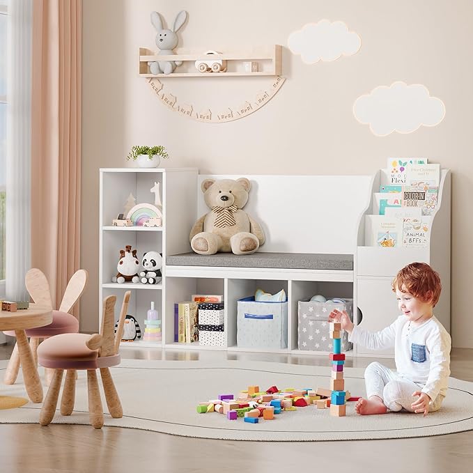 MU Kids Bookshelf with Reading Nook, Toddler Bookcase Bench with Seat Cushion and 7 Storage Cubbies, Kids Reading Nook for Boys & Girls, Toy Storage Bench Box for Bedroom, Playroom, Nursery, White-Ruum Studio Home