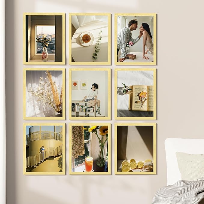 Vittanly 11x14 Picture Frames Set of 9, Shatter Resistant Plexiglass, Display 8x10 Pictures with Mat or 11x14 without Mat, Photo Frames for Wall or Tabletop, Engineered Wood, Gold-Ruum Studio Home