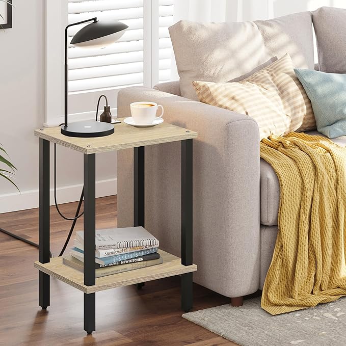 TUTOTAK End Table with Charging Station, Small Side Table with Outlets, Nightstand Bedside Table, 2-Tier Storage Shelf for Small Space, Living Room, Bedroom, Oak TB01BO040-Ruum Studio Home