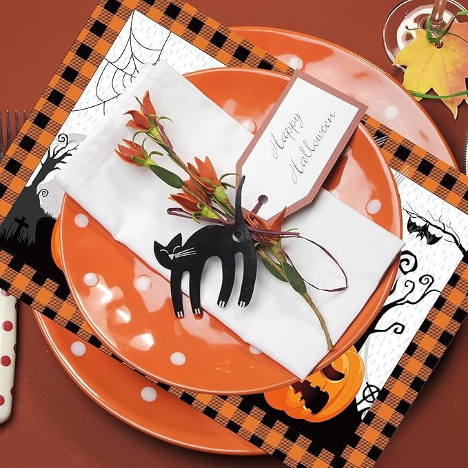 Honoson 100 Pieces Halloween Placemats Happy Halloween Fall Pumpkin Placemats Paper Halloween Place Mats Spooky Ghost Buffalo Plaid Kitchen Mat Double Sided Dinner Table Mats, 14 x 10 Inch-Ruum Studio Home