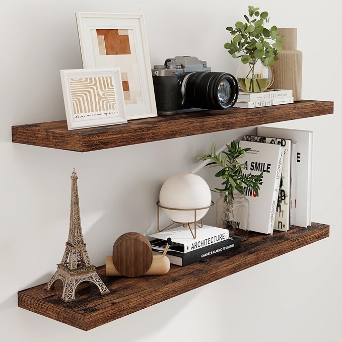 48 Inch Floating Shelves Set of 2, Rustic 48 x 9 Floating Shelf for Wall, 9 Inch Deep Bookshelf Invisible Bracket, Wall-Mounted Deep Shelving for Bedroom, Kicten, Living Room, Rustic Brown Color-Ruum Studio Home
