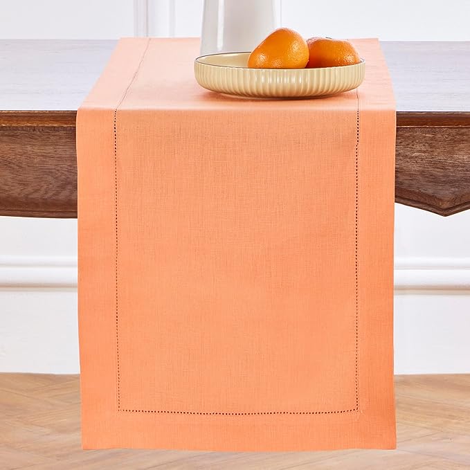 Solino Home Linen Coral Hemstitch Table Runner 36 Inches - 100% Pure Linen Small Table Runner 14 x 36 Inch Ideal for Dresser and Coffee Tables - Classic Hemstitch-Ruum Studio Home