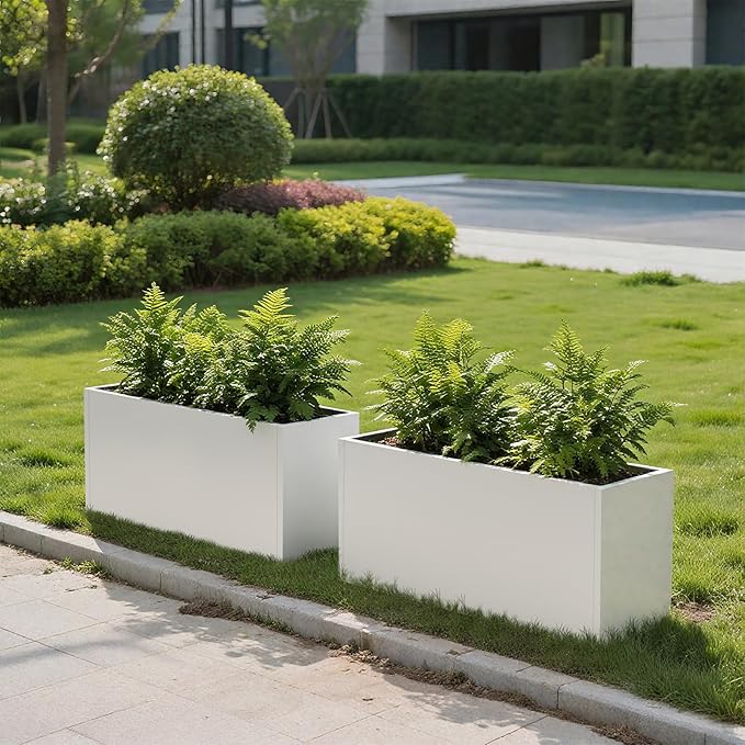 Galvanized Steel Garden Planter - White Matt Galvanized Metal Planter Box - Modern Metallic Heavy Planter - Indoor & Outdoor, Commercial & Residential (White, L36 x W12 x D16)-Ruum Studio Home