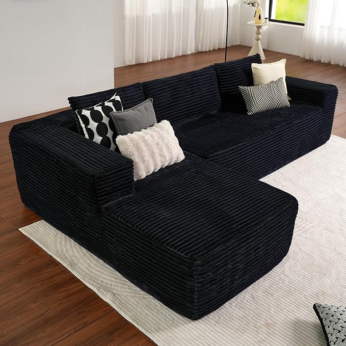 ovios 104" Cloud Sectional Couch with L-Shape Chaise,Modern Modular Sofa with Deep Seat, Upholstered Couches for Living Room Bedroom,No Assembly Required, Black (Plush Corduroy Fabric)-Ruum Studio Home