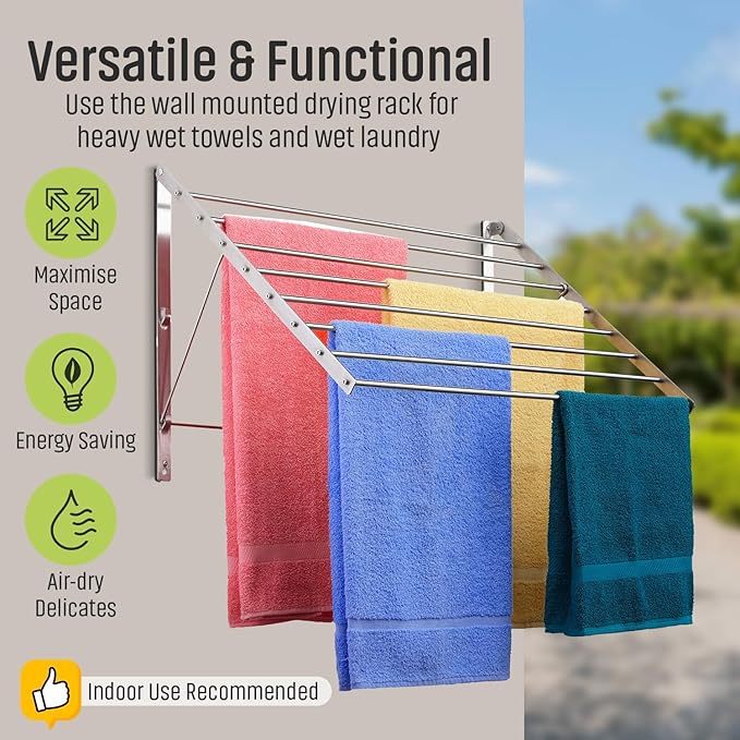 Smartsome | Wall Mounted | Clothes Drying Rack | 30" Wide | 20 Linear Feet Capacity | 8 Smooth Round Stainless Steel Rods | 60 lb Capacity | Fully Assembled | Compact Sturdy Space-Saving Design-Ruum Studio Home