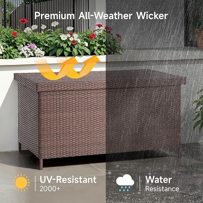 158 Gallon XL Deck Box with Lid, All Weather Wicker Outdoor Storage Box Waterproof, Large Outdoor Patio Storage Bin for Cushions, Garden Tools, Gears, Pool Accessories, Brown-Ruum Studio Home