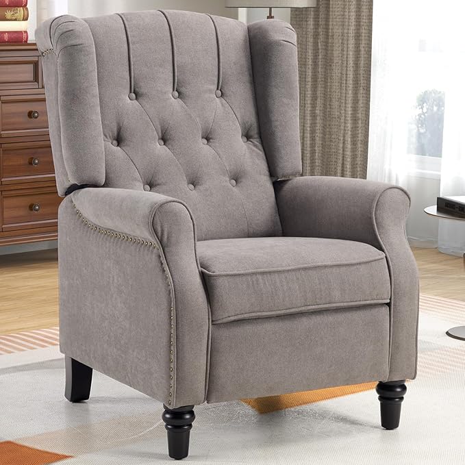 CANMOV Push Back Recliner Chair, Accent Chair,Mid Century Wingback Recliner, Fabric Push Back Recliner Chair Single Armchair Sofa with Rivet Decoration,Button-Tufted Back for Living Room, Grey-Ruum Studio Home
