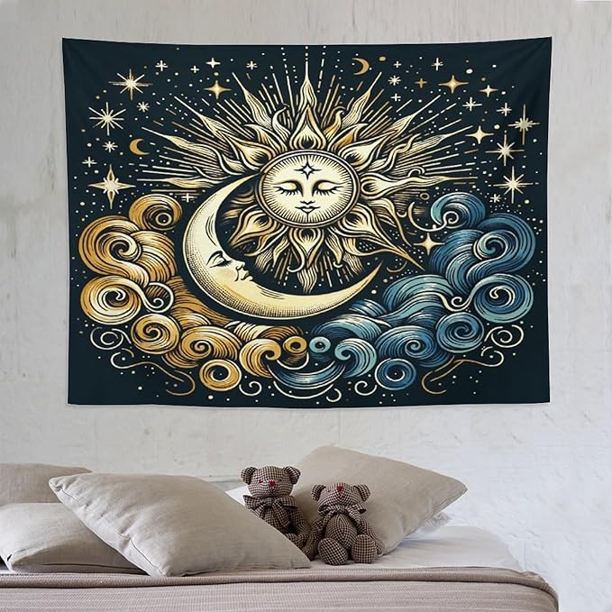 HZOHNAGO Sun Moon Tapestry Boho Golden Stars Pattern Printed Wall Tapestry Wall Hanging for Bedroom Living Room Dorm 80" W x 60" H-Ruum Studio Home