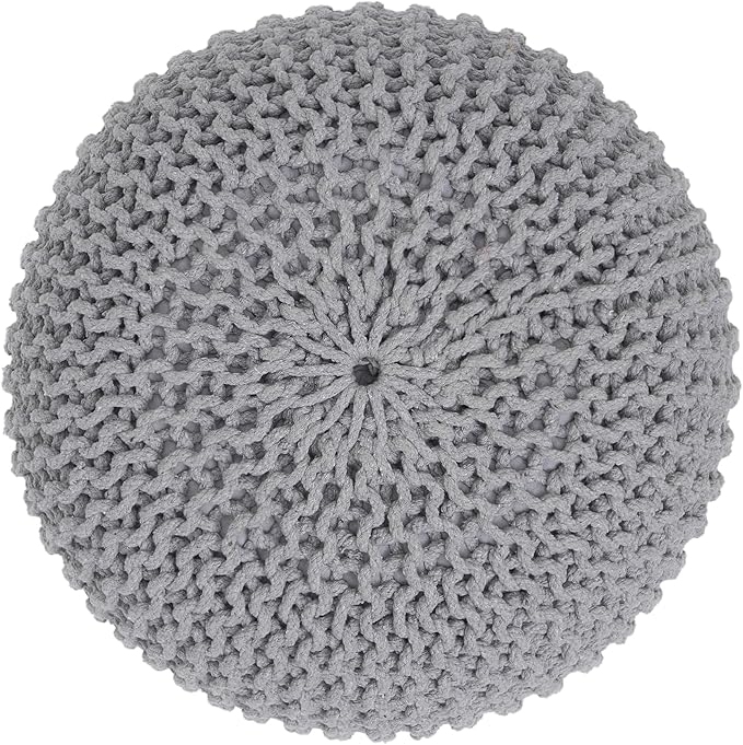REDEARTH Round Boho Pouf Ottoman - Cable Knitted Cord Boho Pouffe - Stuffed Poof Accent Beanbag Footrest for Living Room - Nursery - Bedroom - Covered Patio - Study Nook (19.5"x19.5"x14") - Gray-Ruum Studio Home