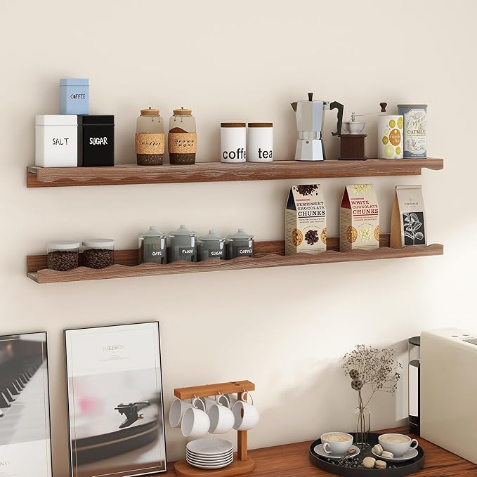 Fun Memories Picture Ledge Shelf for Wall, 48 inch Pine Wood Nursery Book Shelves Set of 2- Wall Book Shelves for Kids Room, Home Decor - Kitchen Spice-Carbonized-Ruum Studio Home