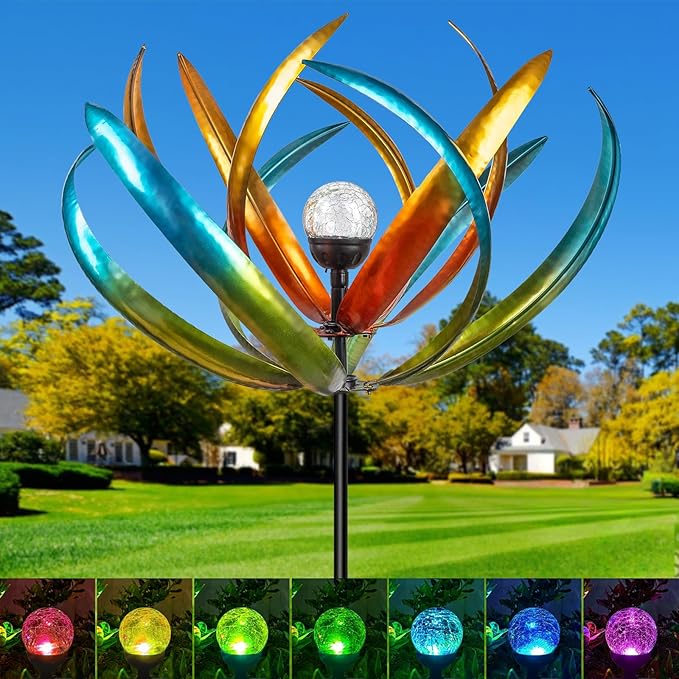 Large Solar Wind Spinners for Yard and Garden-82.6 Inch 360° Metal Wind Sculptures Outdoor Clearance Kinetic Windmills with Multi Color Led Glass Ball-Ruum Studio Home