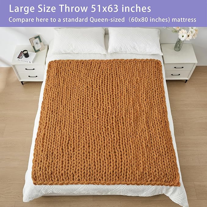 Bigacogo Chunky Knit Throw Blanket for Couch, 51x63 inches, 100% Hand Knitted with Thick Jumbo Chenille Yarn, Cozy Soft Large Rope Knot Cable Crochet Blankets for Sofa Bed Living Room, Burnt Orange-Ruum Studio Home