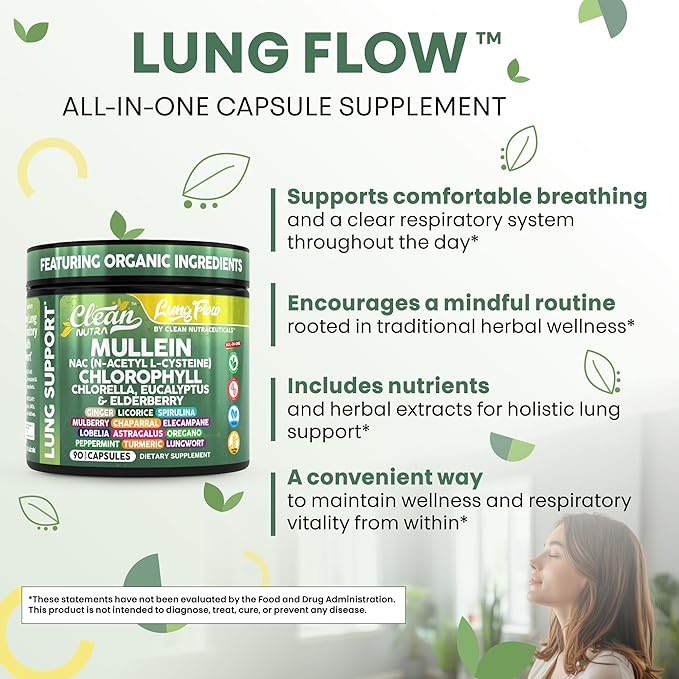 Clean Nutra Mullein NAC Supplement Spirulina Chlorella Ginger Licorice Mulberry Astragalus Root Oregano Turmeric with Chlorophyll Berries Detox Cleanse Respiratory Lung Health 90 Capsules-Ruum Studio Home