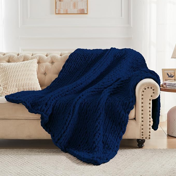 Carriediosa Chunky Knit Throw Blanket 60" X 80" Twin, 100% Hand Made Large Chenille Loop Yarn Soft Fluffy Throws for Couch Sofa Bed, Big Crochet Cozy Heavy Thick Cable Woven Blankets, Navy Blue-Ruum Studio Home