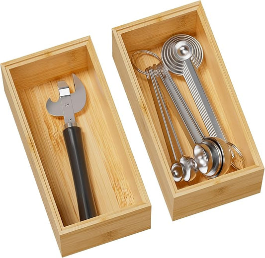 Kitchen Drawer Organizer Bins, Stackable Bamboo Deep Drawer Organizer for Silverware, Utensils, Cutlery, Flatware, Junk Drawer, Dresser, Bathroom, 6" x 3" x 2.5" (Set of 2)-Ruum Studio Home
