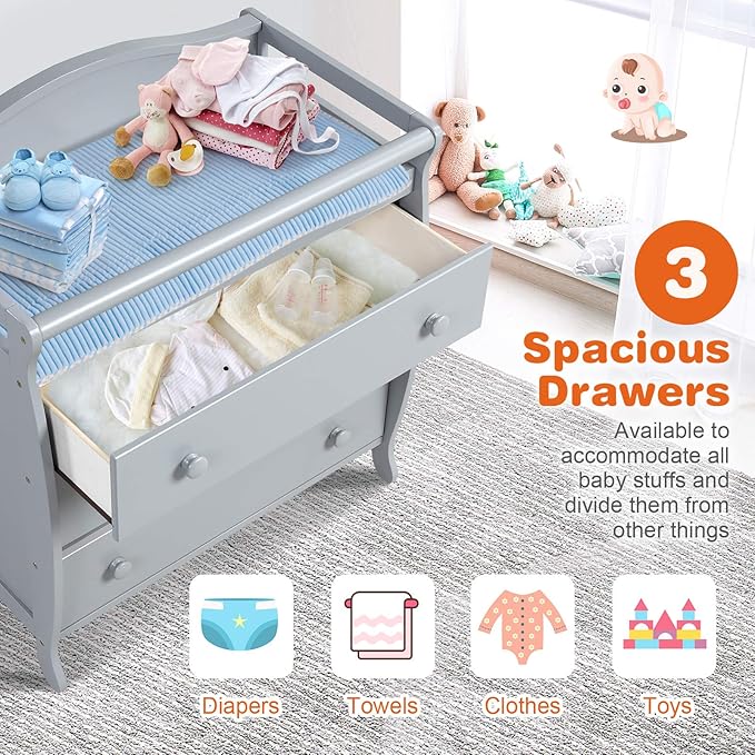 Costzon 3-Drawer Changing Table, Infant Diaper Changing Station with Drawers, Safety Rails & Strap, Baby Changing Table Dresser for Nursery, Easy Assembly (Gray)-Ruum Studio Home