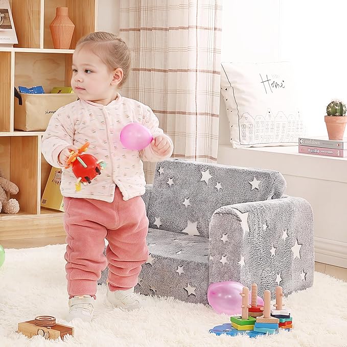 Toddler Chair Plush Kids Couch, 2-in-1 Comfy Armchair Removable and Washable Cover Carrying Handle, Convertible Reading Chair Toddler Couch for Girls and Boys, Glow in The Dark Grey Star-Ruum Studio Home