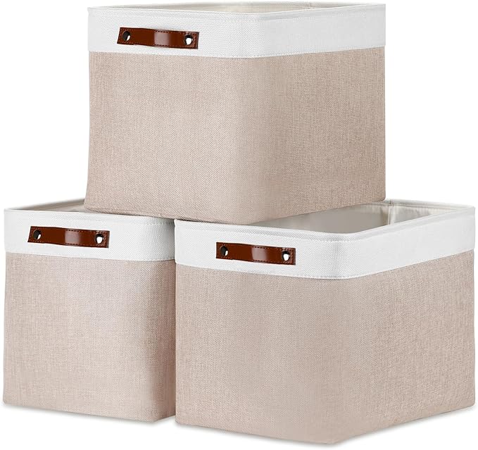 DULLEMELO Fabric Storage Bins, Lining Fabric Baskets For Gifts, Large Storage Baskets for Toys Books Clothes Storage, Foldable Storage Basket for Office Home Shelves Closets Organizing(White&Khaki)-Ruum Studio Home