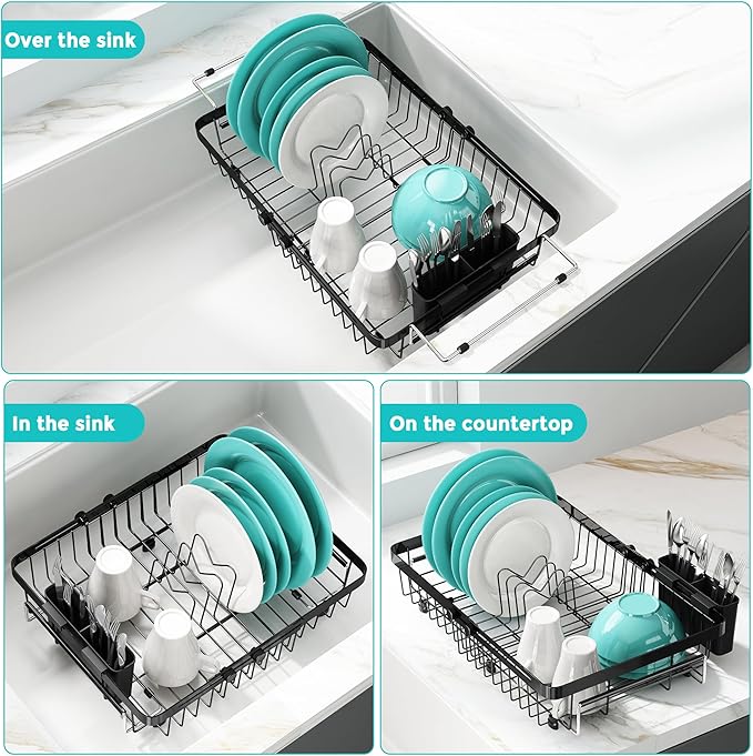 MAJALiS Dish Drying Rack in Sink -Expandable Stainless Steel Over Sink Dish Rack (11.3''-17''), Adjustable Capacity Dish Strainers for Kitchen Sink Counter with Utensil Holder, Black-Ruum Studio Home