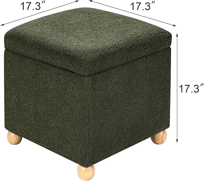 Adeco 17 Inch Soft Dark Green Cube Ottoman Storage, Teddy Velvet Chair Foot Stools, Upholstered Vanity Stool with Hinged Lid, Solid Round Wood Legs-Ruum Studio Home