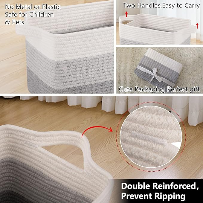 OIAHOMY Storage Basket, Woven Baskets for Storage, Cotton Rope Basket for toys,Towel Baskets for Bathroom - Pack of 3, Gradient Gray-Ruum Studio Home