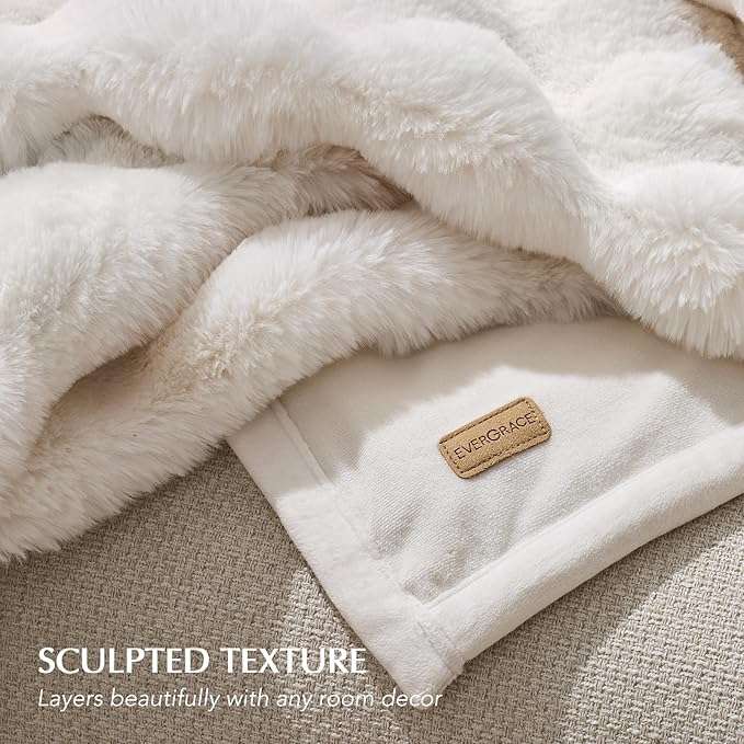 EVERGRACE Ultra Soft Luxury Fluffy Ridgeline Faux Rabbit Fur Throw Blanket, Thick Warm Bubble Throw for Bed, Cozy Plush Reversible Blankets for Couch, Chair, Sofa, Ivory White, 50x60 Inches, 870 GSM-Ruum Studio Home