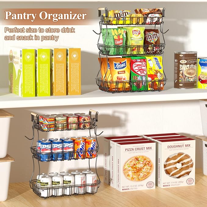 3 Tier Fruit Basket for Kitchen Counter, Fruit Bowl with 2 Banana Hooks Mesh Top, Multifunctional Detachable Sturdy Kitchen Storage Organizer for Vegetables Snacks Onion Potato, Black-Ruum Studio Home