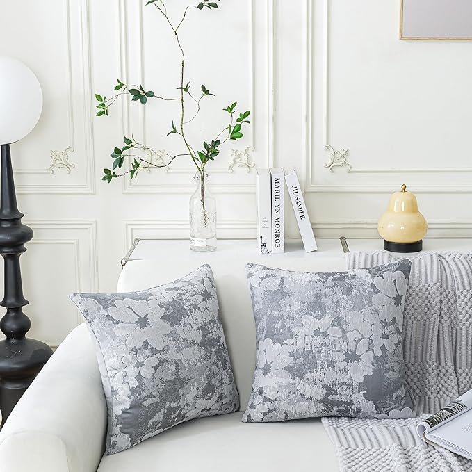 Jacquard Throw Pillow Covers 18x18 Inch Set of 2 - Vintage Floral Boho Pillow Cases with Botanical Pattern | Farmhouse Decor for Couch Living Room | Soft Textured Neutral Trio Slate Gray 18" x 18"-Ruum Studio Home