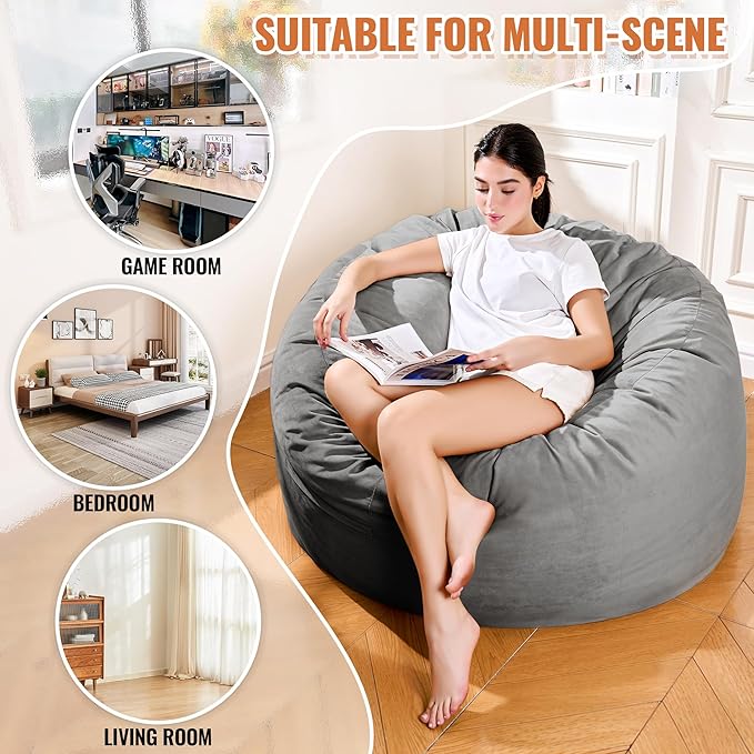 4FT Bean Bag Chair: Bean Bag with Velvet Cover, Fluffy and Comfy Bean Bag Chairs for Adults and Kids, Bean Bag Sofa Filled with High-Density Sponge for Gaming (Grey)-Ruum Studio Home