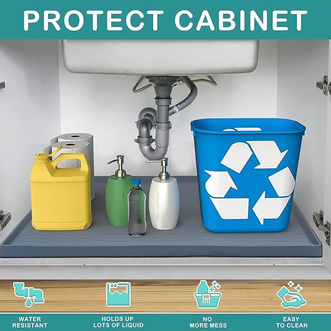 URMONA Waterproof Silicone Under Sink Mat 22'' x 22'' Shelf Liner for Kitchen and Bathroom, Cabinet and Counter Protector, Storage and Organizers, Litter Mat, Pet Cat Puppy Essentials(Dark Grey)-Ruum Studio Home