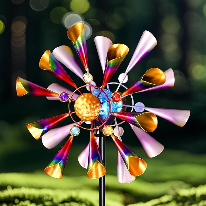 54'' Wind Spinners Outdoor Solar Garden Decor Light - Unique Metal Stake Colorful Windmill, Durable Waterproof Design for Garden, Lawn, Patio-Ruum Studio Home