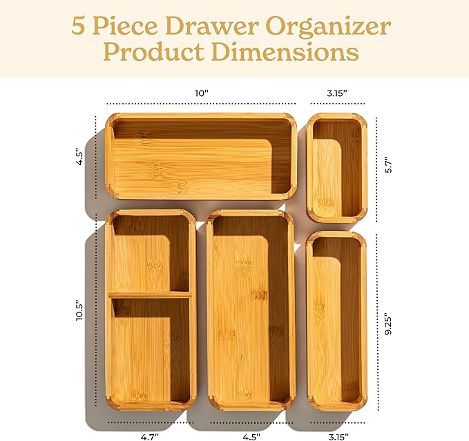 SMIRLY 5-Piece Bamboo Kitchen Drawer Organizer Set for Large and Small Utensils, Multi-use Storage Box - Bathroom, Nightstand, Jewelry, Cutlery, Knife, Spice, Towel, Junk Drawer Tray-Ruum Studio Home