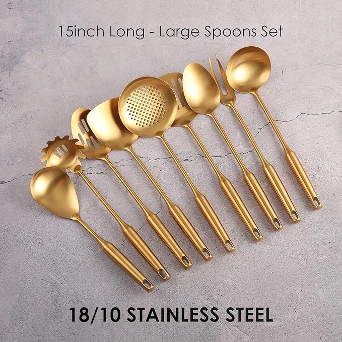Gold Kitchen Utensils Set - 18/10 Stainless Steel Cooking Tools, 15" All Metal Serving Utensils with Fork, Solid/Slotted Spoon, Spatula, Ladle, Skimmer, Tunner, Pasta Spoon, Large Spoon, Set of 9-Ruum Studio Home
