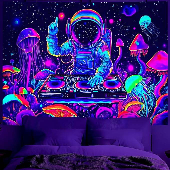 BVBOX Astronaut Space Blacklight Tapestry 79"x59", UV Reactive Astronaut DJ Universe Galaxy Planet Glow in Dark Music Tapestries, Black Light Neon Upright Poster Wall Hanging Backdrop Decor for Bedroom Living Room-Ruum Studio Home