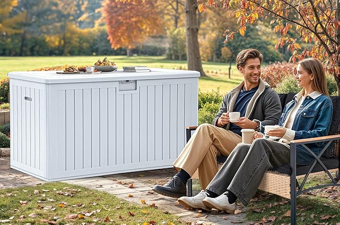 YITAHOME 200 Gallon Extra Large Deck Box, Double-Wall Resin Outdoor Storage Box with Flexible Divider for Patio Cushions Pool Supplies Garden Tools, 990 lbs Load Capacity, Lockable (White)-Ruum Studio Home