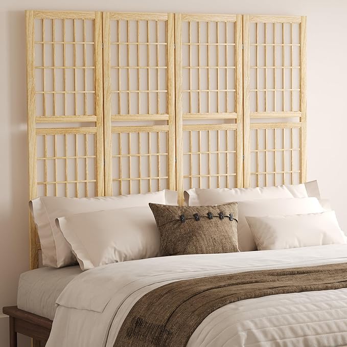 5.6FT Room Divider and Folding Portable Partition Screen, Chinese Japanese Shoji Style with Three Display Shelves for Room Separation - 4 Panel (Natural)-Ruum Studio Home