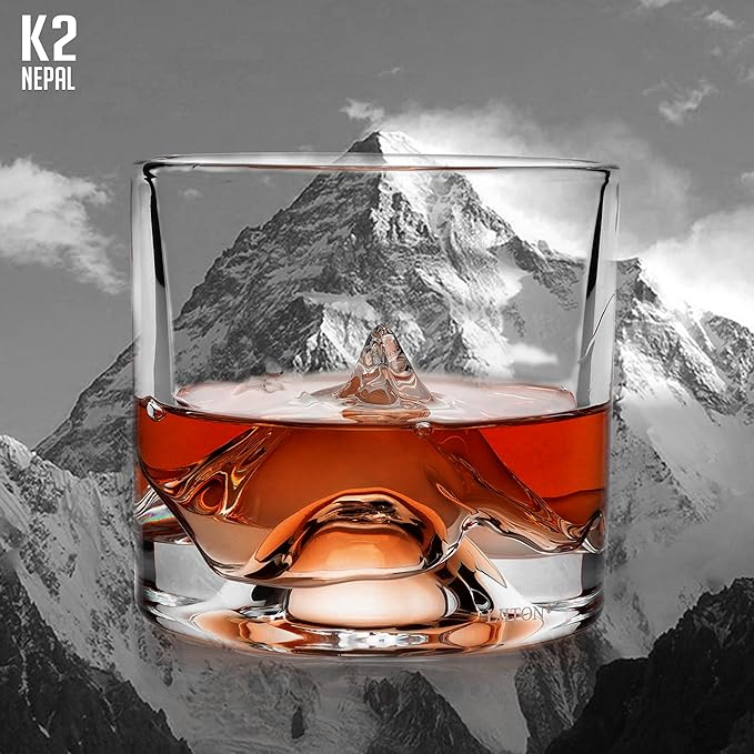 K2 Nepalese Heavy Crystal Whiskey Glasses Gift Set of 2, Thick Freezable Bourbon Glass 1lb Each, Premium Whiskey Gifts for Men, Frozen Crystal Chills Cocktails, 10 oz-Ruum Studio Home