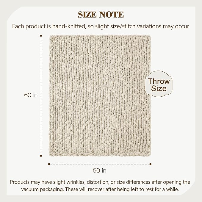 Carriediosa Chunky Knit Throw Blanket 50" X 60", 100% Hand Made Large Chenille Loop Yarn Soft Fluffy Throws for Couch Sofa Bed, Big Crochet Cozy Heavy Thick Cable Woven Blanket, Light Beige-Ruum Studio Home