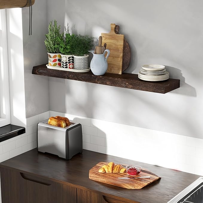 Fun Memories 40" Floating Shelves for Wall, Live Edge Solid Elm Wood Floating Shelf with Invisible Bracket, Wall Mounted Display Wooden Shelves for Bathroom, Kitchen, Bedroom, Walnut Color, Set of 1-Ruum Studio Home