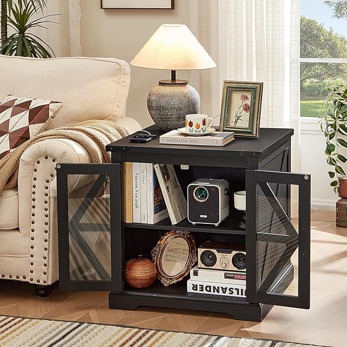 24" End Table with Charging Station, Farmhouse Night Stand with Glass Barn Door, Black Nightstands with Adjustable Storage Shelf, Large Wood Square Bed Side Table for Living Room,Bedroom-Ruum Studio Home